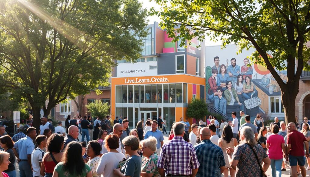 A bustling town square with a lively community gathering, people of diverse backgrounds interacting and sharing experiences. Sunlight filters through the trees, casting a warm, inviting glow. In the foreground, a group of neighbors converse, their body language reflecting a sense of camaraderie. In the middle ground, a Live.Learn.Create. community center stands, its modern architecture and vibrant colors symbolizing the inclusive spirit of the neighborhood. In the background, a mural adorns the walls, depicting scenes of unity, creativity, and shared purpose. The overall atmosphere exudes a palpable feeling of togetherness, showcasing the true essence of what defines a community.