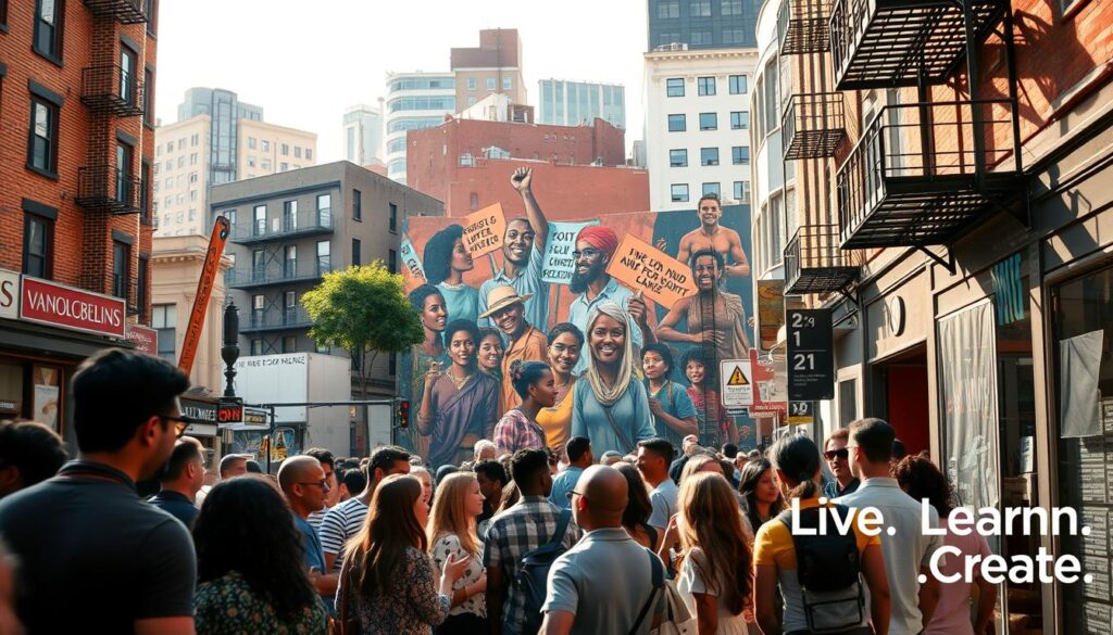 A bustling urban street scene, with a diverse group of people gathered in the foreground, engaged in lively discussion and collaboration. The middle ground features a large mural depicting powerful imagery of social justice and community empowerment, the colors and brushstrokes vibrant and expressive. In the background, a mix of modern and historic architecture frames the scene, suggesting a thriving, multifaceted neighborhood. The lighting is warm and inviting, casting a soft glow over the proceedings. A sense of energy, purpose, and togetherness permeates the atmosphere. In the bottom right corner, the "Live.Learn.Create" brand name is subtly integrated into the artwork.