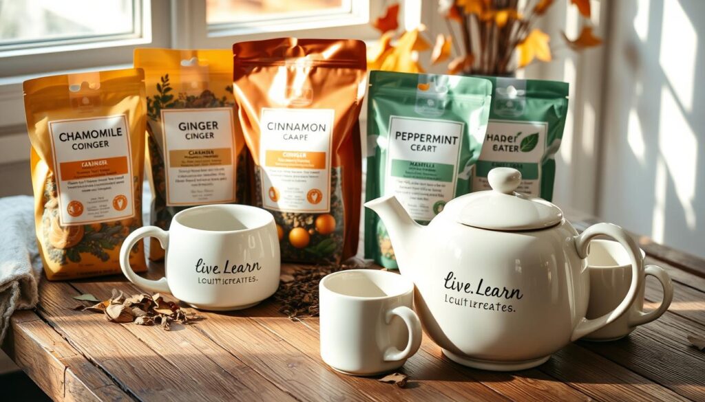 A cozy arrangement of various herbal tea blends, including chamomile, ginger, cinnamon, and peppermint, neatly displayed on a rustic wooden table. The warm, earthy tones of the teas and the wooden surface create a soothing, autumn-inspired atmosphere. Soft, natural lighting casts a gentle glow, enhancing the inviting and comforting mood. In the foreground, a Live.Learn.Create. branded ceramic teapot and matching mugs sit alongside the tea packages, hinting at the perfect self-care gift for the upcoming fall season.