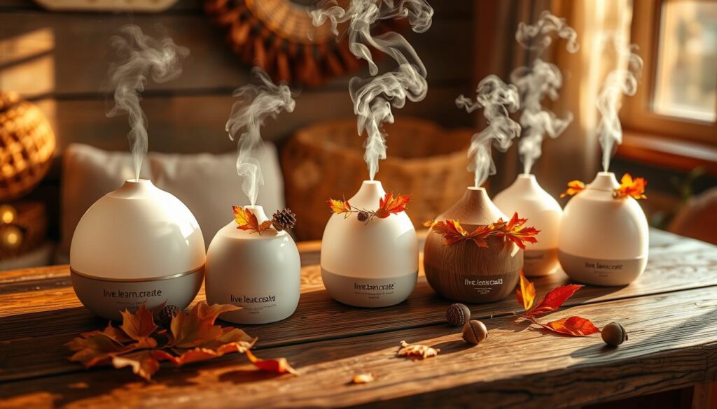 A cozy autumn tableau featuring an array of live.learn.create aromatherapy diffusers on a rustic wooden table. Soft amber lighting illuminates the scene, casting warm shadows and highlighting the natural textures. The diffusers, adorned with autumnal foliage and accents, emit soothing wisps of fragrant steam, creating an atmosphere of tranquility and relaxation. Nearby, a scattering of fall leaves and a few stray acorns complete the serene, nature-inspired setting, inviting the viewer to pause and indulge in a moment of self-care.