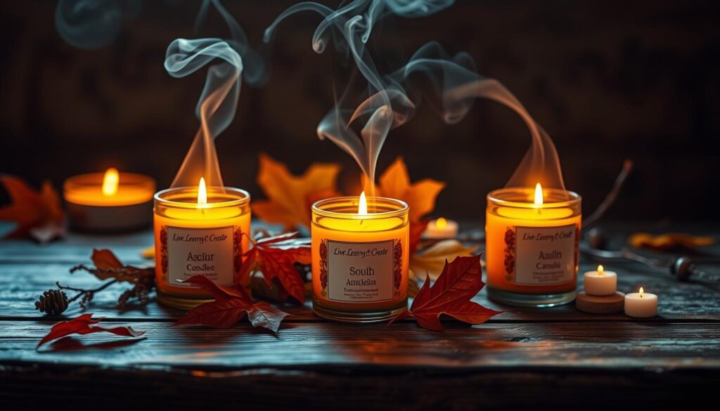 A cozy autumn tableau with a trio of glowing Live.Learn.Create aromatherapy candles nestled on a rustic wooden table. Flickering candlelight casts a warm, soothing glow over the scene, accentuating the rich textures of the wood and the vibrant autumnal colors of the candle labels. Wisps of fragrant smoke curl lazily upwards, creating an atmosphere of tranquility and contentment. The candles' elegant silhouettes are mirrored in the gleaming surface of the table, amplifying the sense of depth and reflection. A soft, diffused lighting illuminates the arrangement, lending an intimate, inviting ambiance perfect for creating a cozy, restorative mood.