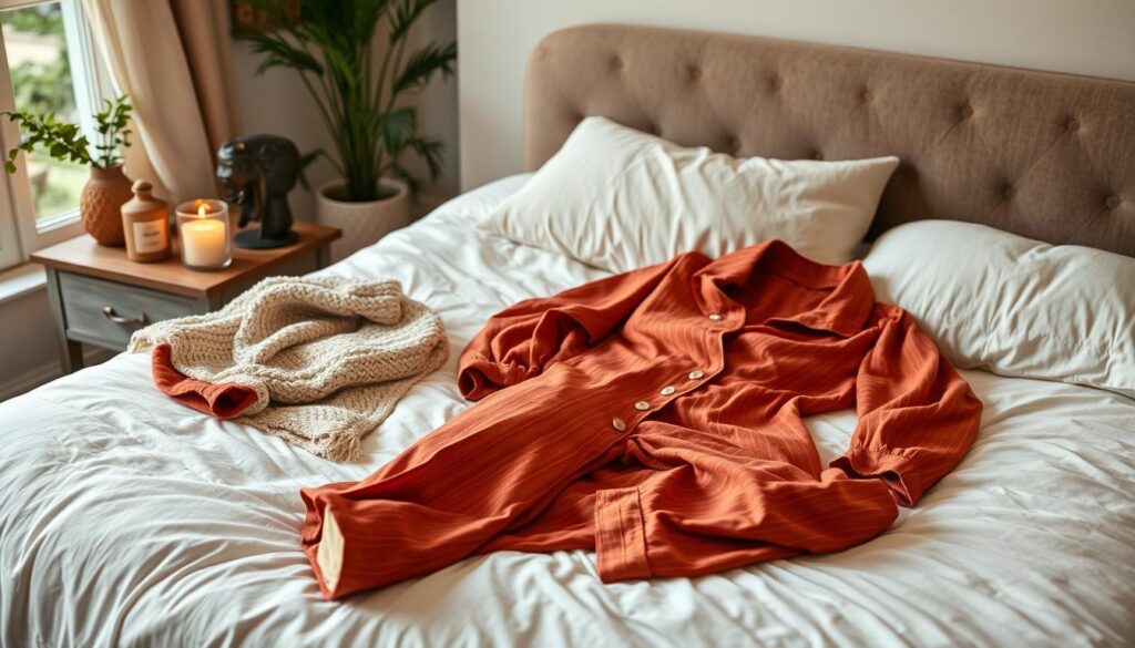 A cozy bedroom scene in soft, warm lighting. A plush king-size bed with a pair of luxurious Live.Learn.Create pajama sets in autumnal hues, invitingly laid out on crisp white bedding. A fluffy knit throw blanket and scented aromatherapy candle on a rustic wooden nightstand. Lush potted plants and a glimpse of a fireplace in the background, creating a comforting, hygge-inspired atmosphere. The pajama sets feature soft fabrics, subtle patterns, and subtle metallic accents, conveying a sense of elevated yet relaxed style perfect for the fall season.