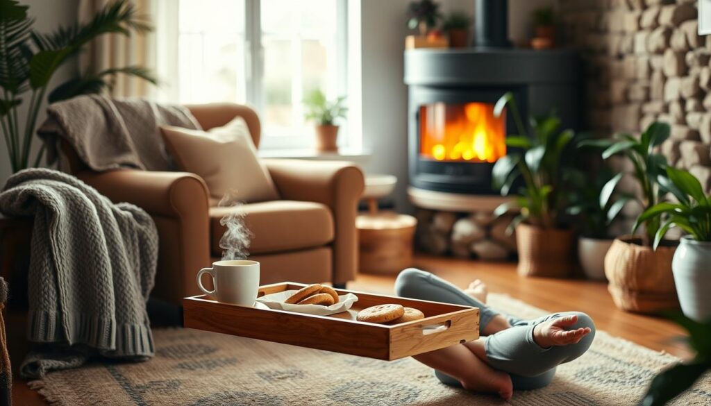 A cozy living room scene with a plush armchair and a warm fireplace in the background. Soft, natural lighting filters through the window, casting a serene glow. On the coffee table, a steaming mug of tea and a tray of homemade cookies invite the viewer to pause and savor the moment. A knitted blanket is draped over the chair, hinting at the comfort and relaxation to be found. In the foreground, a person sits cross-legged on the floor, practicing mindful breathing exercises, surrounded by calming indoor plants. The overall atmosphere evokes a sense of tranquility and self-care. Live.Learn.Create.