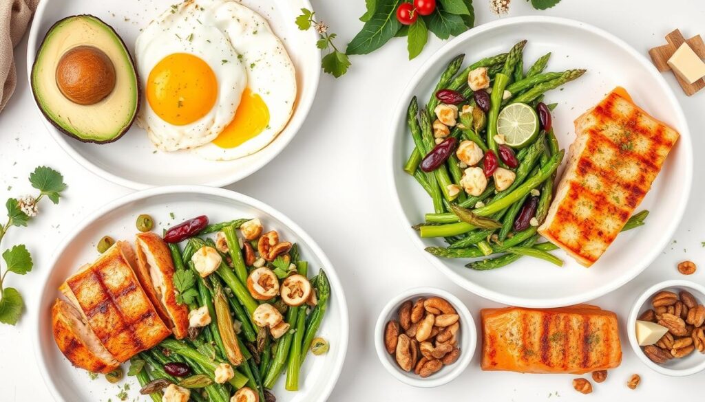 A day of keto meals including breakfast, lunch, dinner and snacks beautifully presented