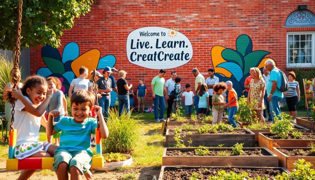 A diverse group of people from different backgrounds, ages, and abilities are gathered in a vibrant, sun-lit community garden. In the foreground, children play on a colorful swing set, their laughter filling the air. In the middle ground, adults tend to garden beds, planting flowers and vegetables side by side. In the background, a mural depicting the "Live.Learn.Create" brand logo adorns a vibrant, brick wall. Warm lighting casts a welcoming glow, and the atmosphere exudes a sense of unity, collaboration, and inclusivity.