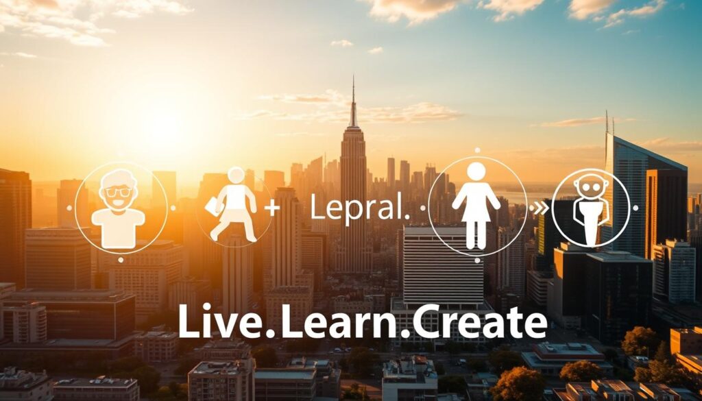 A dynamic visual representation of the five key areas of personal development - mental, physical, emotional, social, and spiritual - against a backdrop of a modern city skyline, bathed in warm, golden light. In the foreground, a series of interconnected icons symbolize each domain, meticulously crafted with attention to detail. In the middle ground, the words "Live.Learn.Create" are prominently displayed, highlighting the brand's commitment to holistic growth. The cityscape in the background conveys a sense of progress, opportunity, and the transformative power of personal development. The overall composition strikes a balance between conceptual clarity and aesthetic appeal, inviting the viewer to contemplate the multifaceted nature of self-improvement.