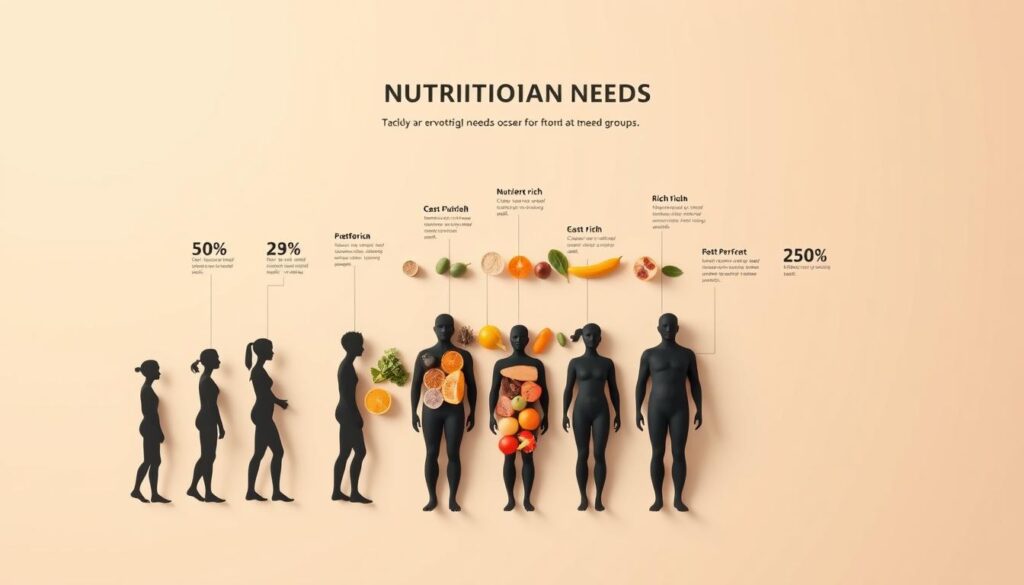 A meticulously detailed infographic showcasing the evolving nutritional needs of individuals across different age groups. A crisp, minimalist layout featuring clean typography and precise iconography. In the foreground, a set of stylized human silhouettes representing various life stages, each with relevant nutrient requirements highlighted. The middle ground depicts a visually striking arrangement of nutrient-rich food groups, carefully positioned to correlate with the corresponding age groups. The background features a soft, muted gradient in soothing earth tones, creating a sense of harmony and balance. Subtle lighting accentuates the key information, guiding the viewer's eye through the data. An authoritative, educational tone conveys the importance of tailoring one's diet to support optimal health at every stage of life.
