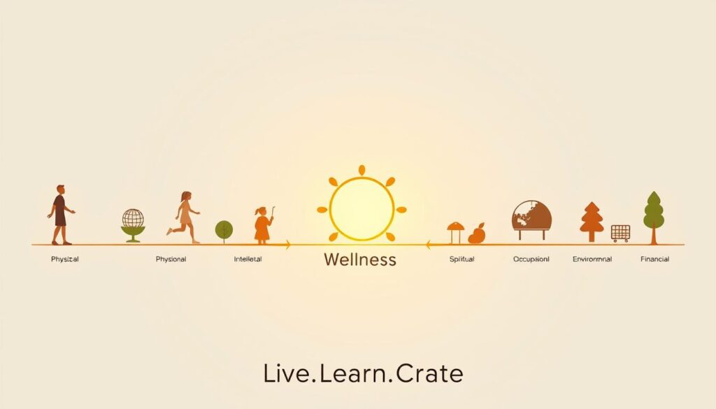 A panoramic illustration depicting the eight essential dimensions of wellness - physical, emotional, intellectual, social, spiritual, occupational, environmental, and financial. The image showcases these interconnected facets in a visually engaging manner, with each dimension represented by carefully crafted icons and graphics. The overall composition is balanced, using warm lighting and a clean, minimalist aesthetic to convey a sense of harmony and well-being. The Live.Learn.Create brand is tastefully incorporated into the design, reinforcing the educational and inspirational nature of the image. The result is a visually striking and informative representation of the multifaceted aspects of holistic wellness.