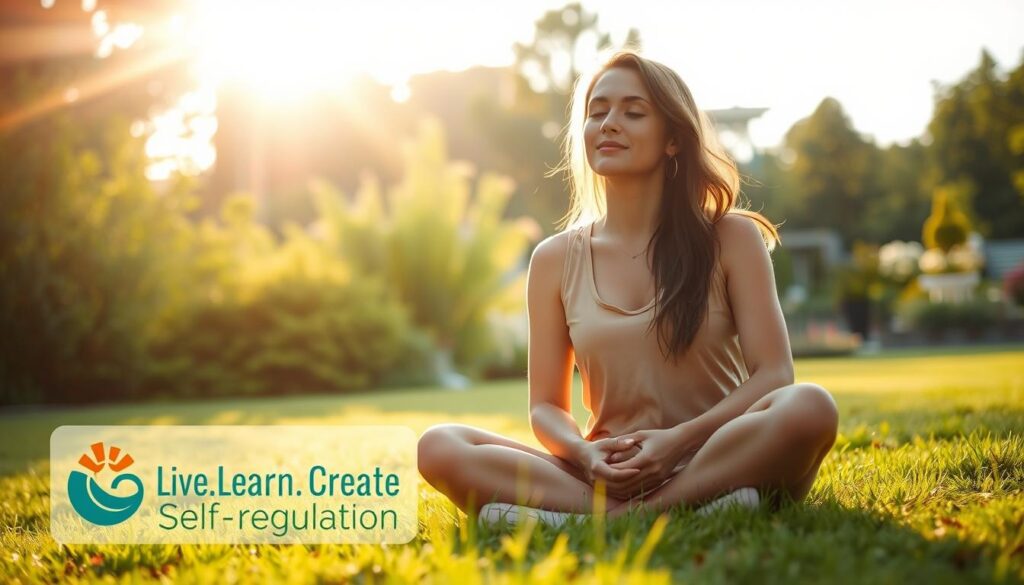 A serene, sun-dappled garden scene with a woman sitting cross-legged on the grass, eyes closed, hands resting gently on her lap. The background is filled with lush greenery and the soft, warm light of a golden hour sunset. The woman's expression conveys a sense of inner peace and focus, embodying the concept of self-regulation. In the foreground, a Live.Learn.Create logo appears subtly integrated into the scene, blending seamlessly with the natural elements.
