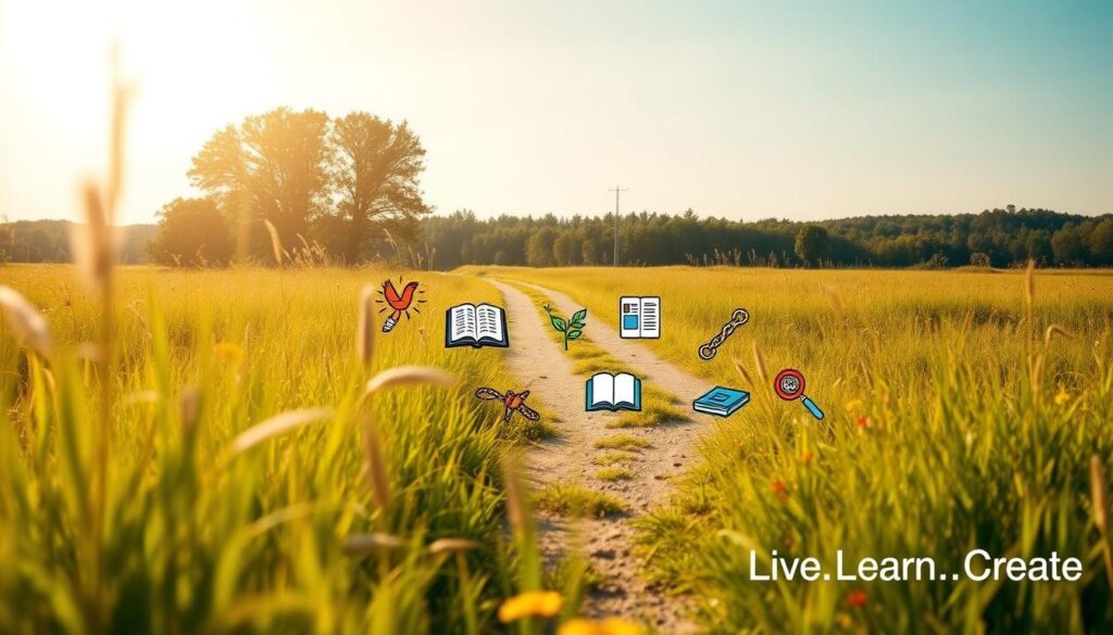 A serene, sun-dappled meadow in the foreground, with soft, swaying grasses and vibrant wildflowers in bloom. In the middle ground, a path winds through the scene, leading the eye towards a majestic, tree-lined horizon. Scattered along the path are various icons representing essential personal growth skills: a compass symbolizing self-awareness, a book for lifelong learning, a climbing rope for resilience, a plant for adaptability, and a magnifying glass for critical thinking. The overall atmosphere is one of tranquility, introspection, and the journey of personal development. In the bottom right corner, the "Live.Learn.Create" brand name is subtly incorporated.