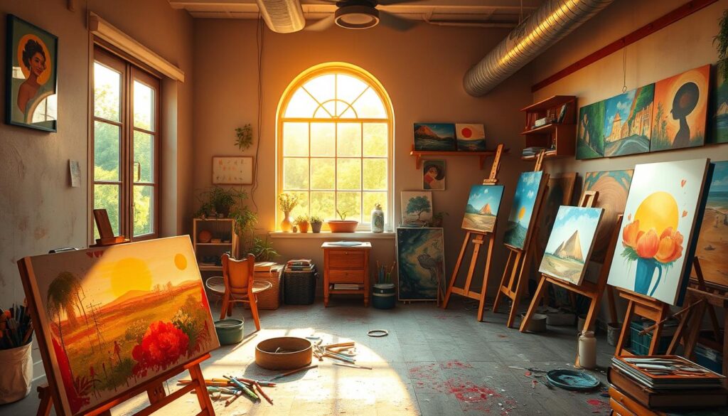 A serene, sunlit studio filled with vibrant hues and bursting with creative energy. In the foreground, a Live.Learn.Create canvas comes alive with bold brushstrokes, capturing the essence of imagination. Scattered art supplies and tools suggest a process of exploration and experimentation. The mid-ground features a large, well-lit window overlooking a lush, verdant landscape, inviting inspiration from the natural world. Warm, diffused lighting casts a dreamlike glow, evoking a sense of tranquility and focus. The background showcases an array of finished artworks, each a unique expression of the creative spirit. An atmosphere of boundless potential and the freedom to explore one's inner artist permeates the scene.
