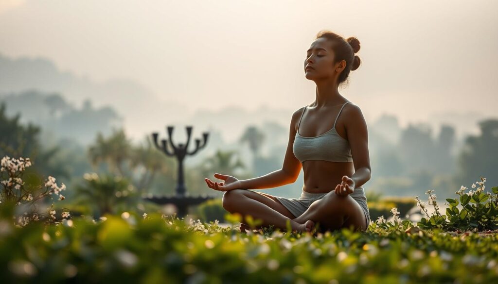 A serene, zen-like meditation scene with a person sitting cross-legged in a lotus position, their eyes closed in deep contemplation. The foreground features the meditating figure bathed in soft, diffused lighting, their expression calm and focused. The middle ground showcases a tranquil natural setting, such as a lush garden or a peaceful forest, with delicate foliage and a calming water feature. In the background, a hazy, atmospheric landscape evokes a sense of timelessness and inner peace. The overall mood is one of mindfulness, tranquility, and introspection. Live.Learn.Create.