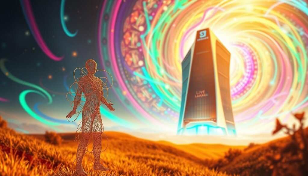 A stunning, vibrant landscape of creativity and innovation. In the foreground, a figure composed of intricate, intertwining lines and shapes, symbolizing the boundless potential of the human mind. The middle ground features a towering, futuristic structure with a sleek, angular design, its facade adorned with the "Live.Learn.Create" brand name. The background is a kaleidoscope of color and light, with dynamic, swirling energy that suggests the limitless possibilities of innovation. The scene is illuminated by a warm, golden glow, creating a sense of warmth and inspiration. The overall composition conveys a harmonious balance between the organic and the technological, capturing the essence of creativity and innovation.