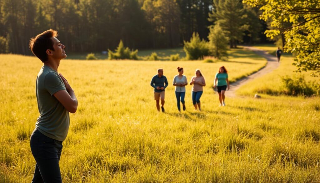 A sun-dappled meadow, with a lone figure in the foreground stretching and breathing deeply, their expression one of peaceful concentration. In the middle ground, a group of friends engage in a friendly game of frisbee, their laughter and movements capturing the joy of physical activity. In the background, a winding trail leads through a lush forest, inviting further exploration and discovery. The scene is bathed in warm, golden light, creating a sense of tranquility and rejuvenation. Live.Learn.Create.