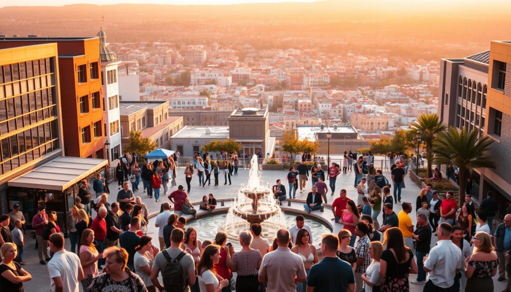 A vibrant, bustling community square, bathed in warm golden light from the setting sun. In the foreground, a diverse group of people engage in lively conversation, their body language exuding a sense of connection and camaraderie. The middle ground features a central fountain, its gentle cascading water creating a soothing ambiance. Surrounding the square, a mix of modern and historic buildings, their architectural details accentuated by the soft lighting. In the background, a panoramic view of a thriving cityscape, hinting at the broader context of this welcoming community hub. The scene conveys a mood of inclusivity, collaboration, and the nurturing power of shared experiences. Live.Learn.Create.