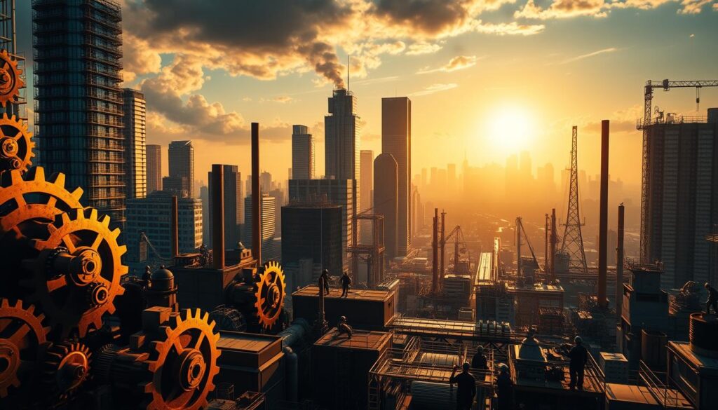 A vibrant cityscape with towering skyscrapers and bustling factories, capturing the dynamic pulse of industry trends. In the foreground, gears, cogs, and machinery symbolize the technological advancements driving innovation. The middle ground features a diverse array of worker silhouettes, representing the skilled labor powering these industries. In the background, a panoramic view of the skyline illuminates the scope of this evolving landscape, with the "Live.Learn.Create" brand name subtly integrated into the architectural details. The entire scene is bathed in a warm, golden light, conveying a sense of progress and optimism. Precise, cinematic camera angles and a cinematic depth of field elevate the composition, inviting the viewer to immerse themselves in this captivating industrial ecosystem.