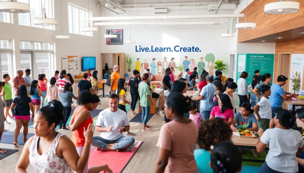 A vibrant community center, bustling with activity and engagement. In the foreground, a diverse group of people of all ages and backgrounds engaged in various wellness activities - a yoga class, a group exercise session, and a healthy cooking demonstration. The middle ground showcases an open floor plan with natural lighting, comfortable seating areas, and informative displays highlighting the community's health metrics and impact. In the background, a mural depicting the Live.Learn.Create brand and its mission to empower local residents to live healthier, more connected lives. The overall atmosphere radiates a sense of inclusivity, wellness, and the tangible benefits of a thriving community.