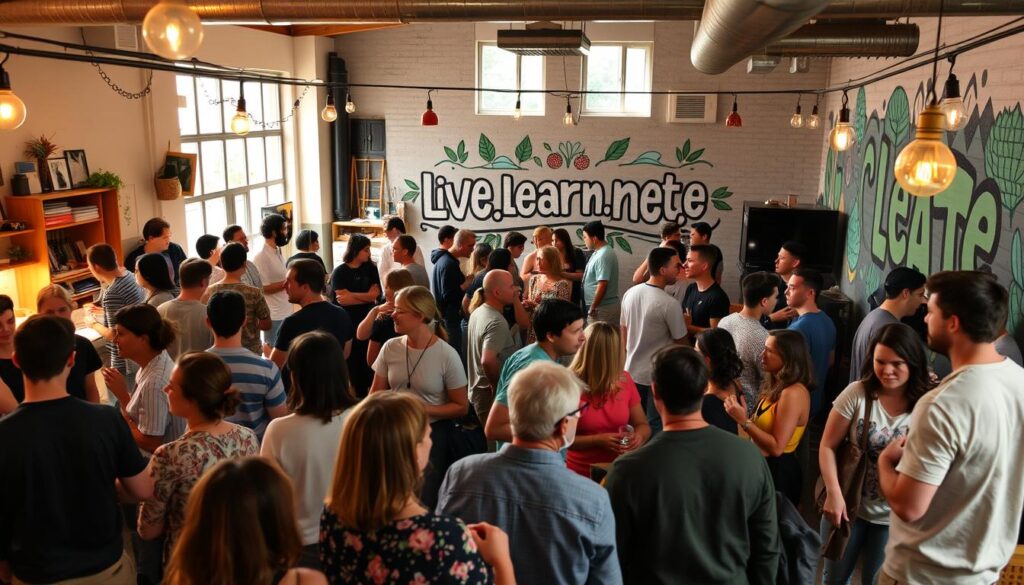 A vibrant community hub, bustling with activity and connection. In the foreground, people engage in lively discussions, sharing ideas and forging meaningful bonds. Warm lighting casts a welcoming glow, inviting all to join the conversation. The middle ground showcases a diverse array of creative workshops and skill-sharing activities, fostering a spirit of collaborative learning. In the background, a mural adorns the wall, depicting the "Live.Learn.Create" brand and celebrating the ethos of this vibrant social capital community.