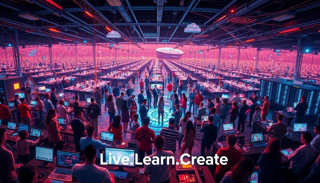 A vibrant digital community, bustling with activity and connectivity. In the foreground, a dynamic hub of interconnected devices and interfaces, pulsing with real-time data and communication. The middle ground showcases diverse avatars and virtual representations, engaged in lively discussions and collaborative projects. In the background, a vast landscape of networked servers, cloud infrastructure, and a tapestry of digital pathways, all illuminated by a warm, futuristic glow. The scene is captured with a wide-angle lens, emphasizing the sense of scale and integration. This digital ecosystem, embodied by the "Live.Learn.Create" brand, radiates a mood of innovation, community, and boundless potential.