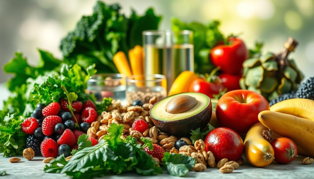 A vibrant still life composition showcasing the essential nutrients the human body requires for optimal health and wellness. In the foreground, a variety of whole foods are meticulously arranged - leafy greens, colorful berries, crunchy nuts, ripe avocados, and crisp vegetables. The middle ground features glassware filled with clear liquids, representing hydration and mineral-rich fluids. Soft, natural lighting illuminates the scene, casting gentle shadows and highlighting the rich, vibrant colors. The background is a softly blurred, serene setting, allowing the nutritious ingredients to take center stage. This image conveys the importance of a balanced, nutrient-dense diet for supporting overall well-being.