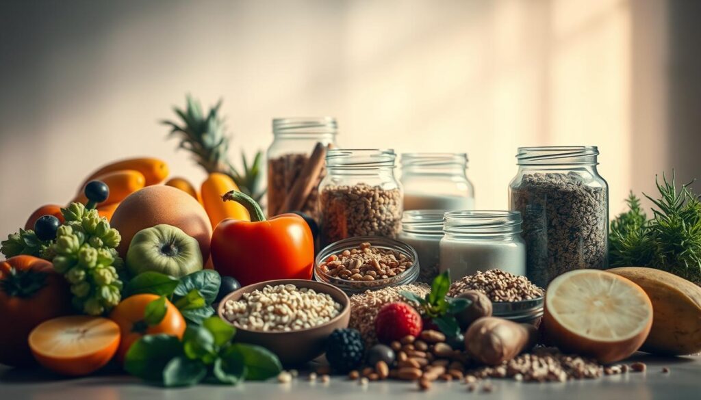 An intimate still life showcasing the diverse elements of nutrition. In the foreground, an arrangement of vibrant fruits, vegetables, and whole grains, illuminated by warm, natural lighting. In the middle ground, glass jars filled with various supplements and superfoods, their contents visible through the translucent vessels. The background features a soft, blurred backdrop, evoking a sense of serenity and wellness. The composition emphasizes the harmony and interconnectedness of the different nutritional components, inviting the viewer to consider the special considerations necessary for optimal health and vitality.