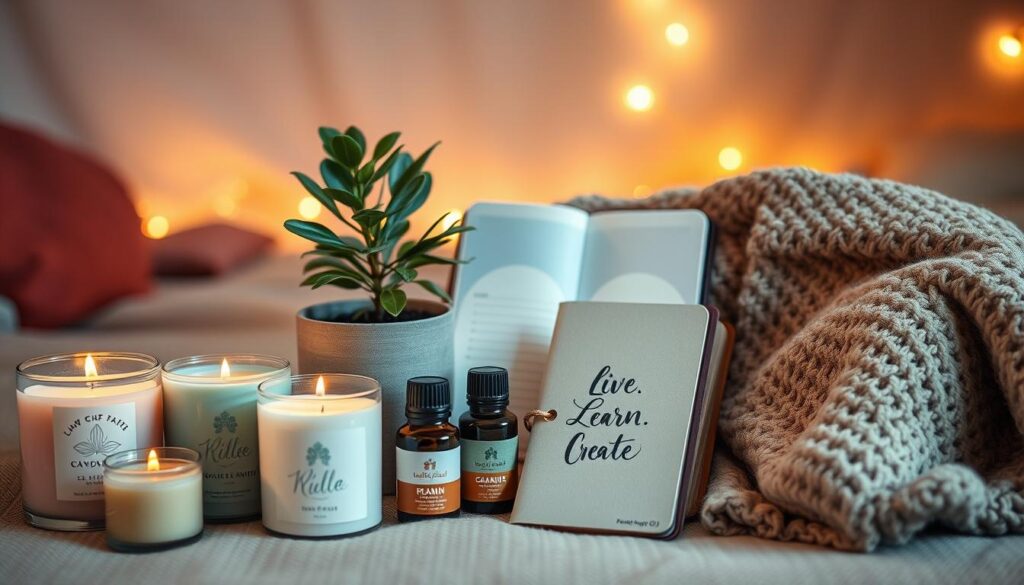 Cozy and calming still life of self-care gifts for stress relief. In the foreground, an array of soothing candles, essential oils, and a plush, weighted blanket. In the middle ground, a tranquil plant, a cup of herbal tea, and a journal with a calligraphic "Live.Learn.Create" inscription. The background features a soft, warm-toned ambiance, with a hint of string lights for a gentle glow. Lighting is soft and diffused, creating a serene, restorative atmosphere. The overall composition evokes a sense of mindfulness, comfort, and emotional well-being.
