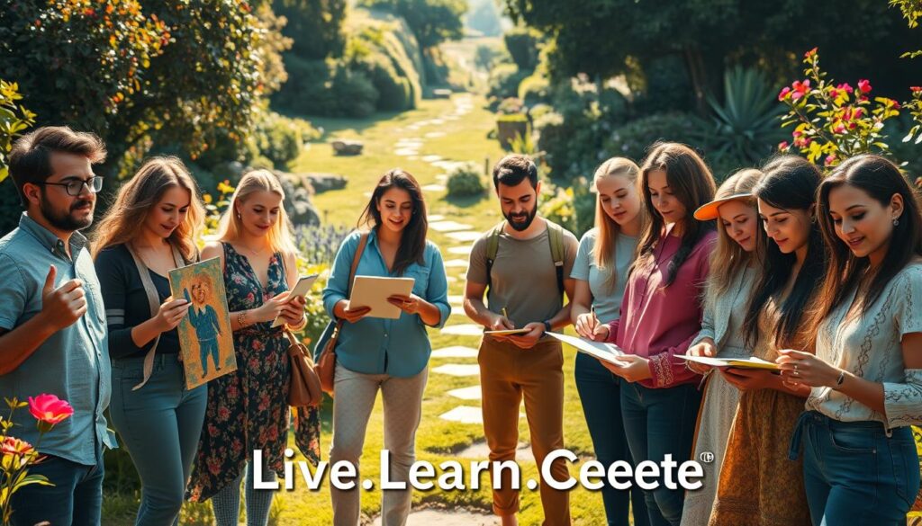 Highly creative individuals, captured in a vivid scene. A group of diverse people, each embodying unique talents and passions, stand in a sun-dappled garden. Warm light bathes their faces, highlighting their focused expressions as they engage in various creative pursuits - painting, sculpting, writing, and more. The background is a lush, verdant landscape, dotted with vibrant flowers and meandering pathways, creating a sense of inspiration and possibility. The individuals wear casual, comfortable attire, conveying a sense of ease and freedom. The overall atmosphere is one of collaboration, curiosity, and the unbridled joy of Live.Learn.Create.