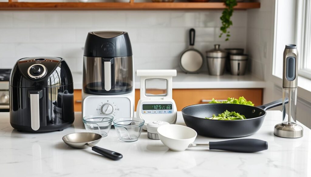 Modern kitchen with essential keto cooking tools including air fryer, food processor, and measuring tools