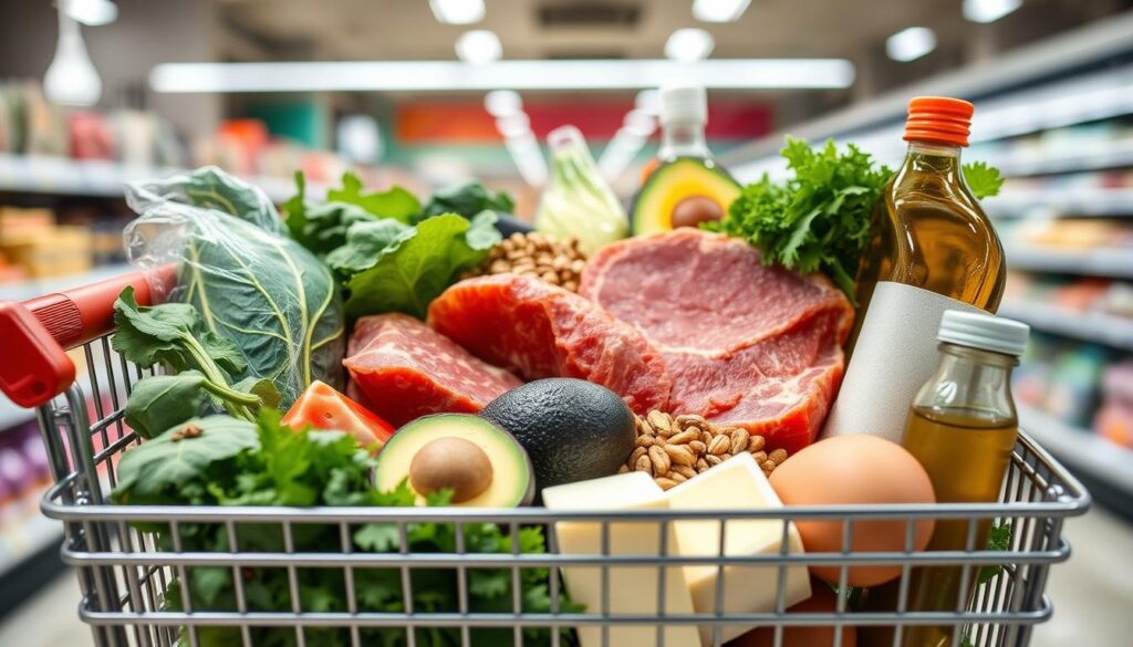 Organized keto grocery shopping with fresh meats, vegetables, and healthy fats