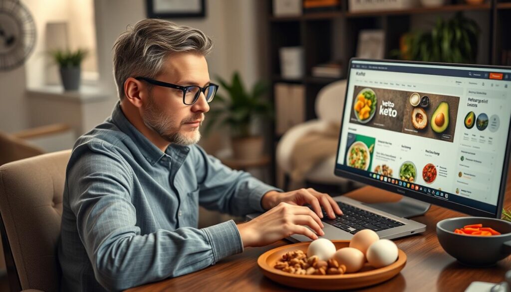 Person researching ketogenic diet information on computer with keto foods nearby