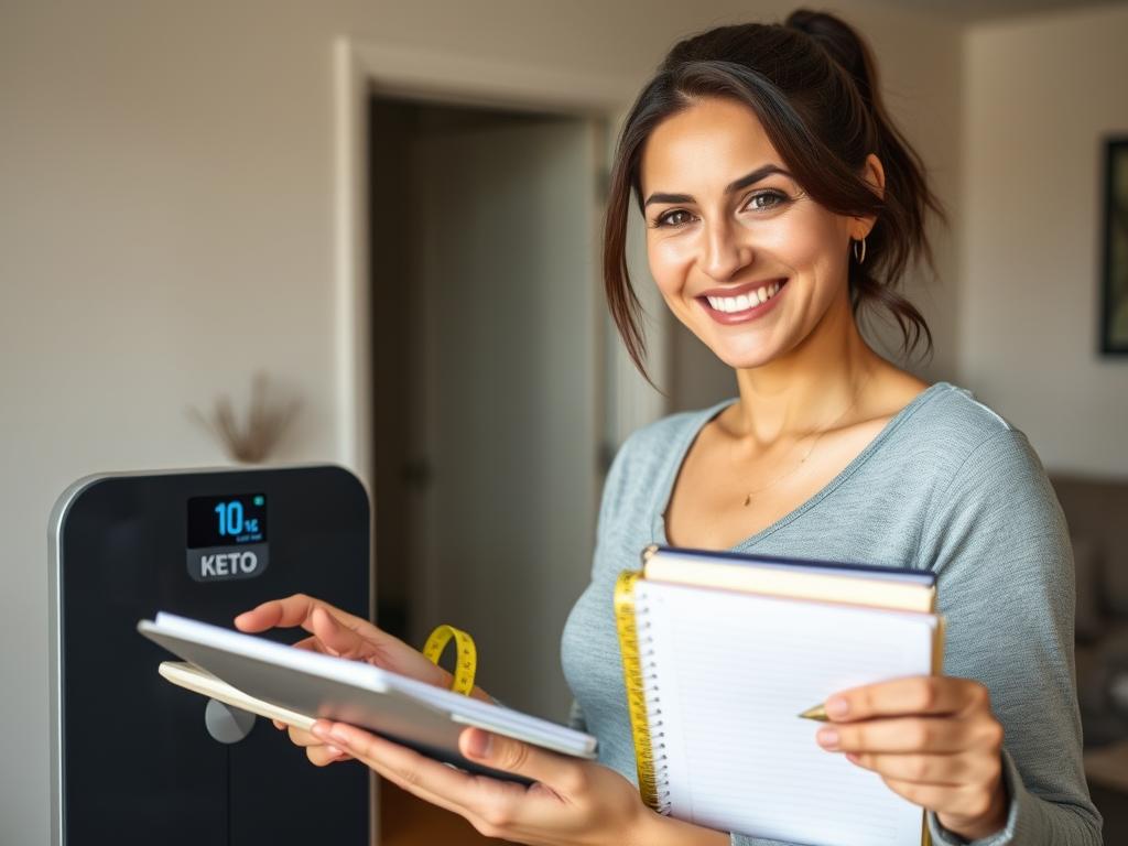 Person tracking keto progress with smart scale, journal, and measuring tape