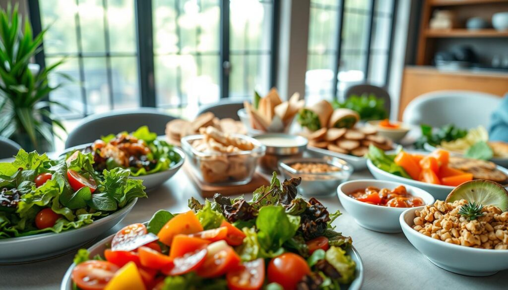 A beautiful table setting with an array of healthy and colorful lunch options. In the foreground, a variety of fresh, vibrant salads with crisp greens, juicy tomatoes, and crunchy vegetables, accompanied by protein-rich options like grilled chicken or chickpeas. In the middle, a selection of whole-grain breads, wraps, and crackers, complemented by a variety of dips and spreads made with nutritious ingredients. In the background, a backdrop of natural light filtering through large windows, creating a warm and inviting atmosphere. The scene is captured with a soft, natural focus, highlighting the textures and colors of the meal components. The overall mood is one of nourishment, balance, and a commitment to a healthy lifestyle. A beautiful table setting with an array of healthy and colorful lunch options. In the foreground, a variety of fresh, vibrant salads with crisp greens, juicy tomatoes, and crunchy vegetables, accompanied by protein-rich options like grilled chicken or chickpeas. In the middle, a selection of whole-grain breads, wraps, and crackers, complemented by a variety of dips and spreads made with nutritious ingredients. In the background, a backdrop of natural light filtering through large windows, creating a warm and inviting atmosphere. The scene is captured with a soft, natural focus, highlighting the textures and colors of the meal components. The overall mood is one of nourishment, balance, and a commitment to a healthy lifestyle.