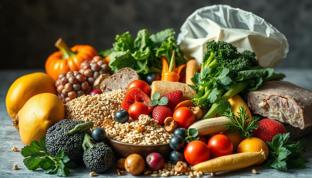 A beautifully lit, high-resolution photograph showcasing a harmonious arrangement of various whole foods, including fresh fruits, vegetables, grains, and lean proteins. The composition should emphasize the interconnectedness of these nutritious ingredients, creating a visually striking representation of how a balanced diet can support hormonal equilibrium. The lighting should be soft and natural, illuminating the vibrant colors and textures of the food items. The overall mood should convey a sense of balance, wellness, and the positive impact of mindful nutrition on the body's endocrine system.