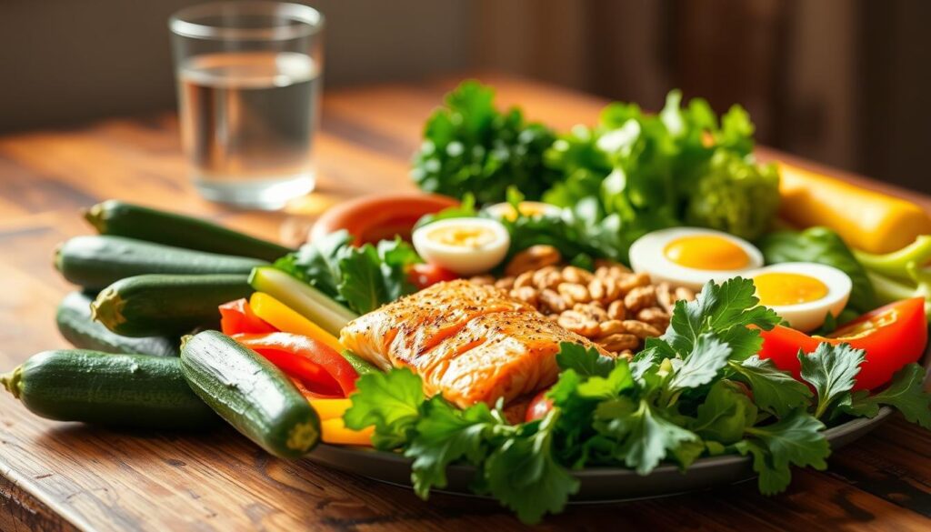 A beautifully presented keto meal plan, meticulously arranged on a rustic wooden table. In the foreground, an array of fresh, vibrant vegetables, including zucchini, bell peppers, and leafy greens, all glistening with a light sheen. The middle ground features a selection of high-protein foods, such as grilled salmon, hard-boiled eggs, and a small portion of roasted nuts. In the background, a glass of clear, refreshing water, complementing the overall clean and nourishing aesthetic. The lighting is warm and natural, casting a soft, inviting glow over the scene. The overall mood is one of simplicity, balance, and the pursuit of a healthy, sustainable keto lifestyle. A beautifully presented keto meal plan, meticulously arranged on a rustic wooden table. In the foreground, an array of fresh, vibrant vegetables, including zucchini, bell peppers, and leafy greens, all glistening with a light sheen. The middle ground features a selection of high-protein foods, such as grilled salmon, hard-boiled eggs, and a small portion of roasted nuts. In the background, a glass of clear, refreshing water, complementing the overall clean and nourishing aesthetic. The lighting is warm and natural, casting a soft, inviting glow over the scene. The overall mood is one of simplicity, balance, and the pursuit of a healthy, sustainable keto lifestyle.