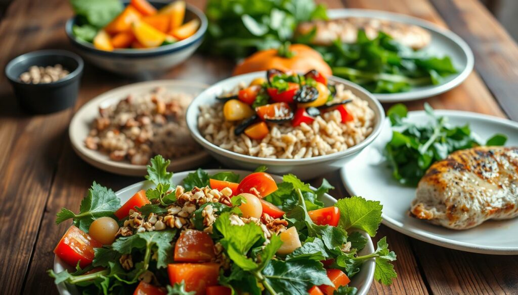 A bountiful spread of nutritious and vibrant dishes, artfully arranged on a rustic wooden table. In the foreground, a hearty salad with a medley of crisp greens, juicy tomatoes, and crunchy nuts, dressed in a light, tangy vinaigrette. In the middle ground, a steaming bowl of whole-grain rice topped with tender roasted vegetables and a sprinkle of fragrant herbs. In the background, a plate of lean protein, such as grilled salmon or chicken, accompanied by a side of vibrant, lightly steamed leafy greens. The scene is bathed in soft, natural lighting, highlighting the rich colors and textures of the dishes, creating a sense of balance, harmony, and abundance. A bountiful spread of nutritious and vibrant dishes, artfully arranged on a rustic wooden table. In the foreground, a hearty salad with a medley of crisp greens, juicy tomatoes, and crunchy nuts, dressed in a light, tangy vinaigrette. In the middle ground, a steaming bowl of whole-grain rice topped with tender roasted vegetables and a sprinkle of fragrant herbs. In the background, a plate of lean protein, such as grilled salmon or chicken, accompanied by a side of vibrant, lightly steamed leafy greens. The scene is bathed in soft, natural lighting, highlighting the rich colors and textures of the dishes, creating a sense of balance, harmony, and abundance.