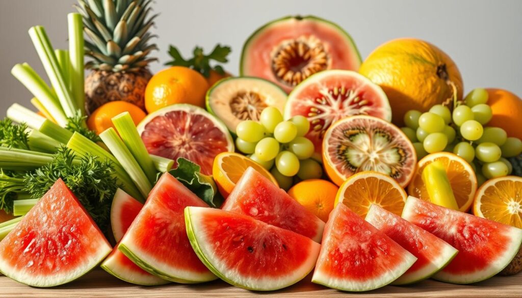 A bountiful still life arrangement showcasing an array of hydrating fruits and vegetables. In the foreground, lush watermelon slices glisten under warm, natural lighting, their juicy pink flesh inviting the viewer to take a refreshing bite. Surrounding the watermelon, vibrant stalks of celery, crisp cucumber slices, and juicy orange segments create a visually appealing composition. In the middle ground, a cluster of refreshing green grapes and a halved cantaloupe melon reveal their succulent interiors. The background features a subtle, softly blurred backdrop, allowing the vibrant produce to take center stage. The overall scene conveys a sense of abundance, health, and the many natural sources of hydration beyond just plain water.