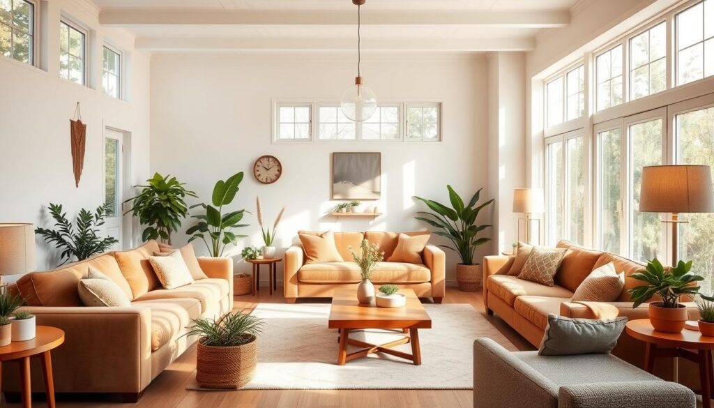 A bright, airy living room with large windows letting in natural light. Comfortable, plush sofas and armchairs in earthy tones surround a central coffee table. Potted plants and natural wooden accents create a soothing, inviting ambiance. Soft, indirect lighting from table lamps and a pendant fixture gently illuminates the space. The walls are painted in a calming, neutral palette, and artwork or wall hangings add pops of color and personality. An overall sense of serenity, balance, and harmony permeates the environment, fostering a positive, supportive atmosphere. A bright, airy living room with large windows letting in natural light. Comfortable, plush sofas and armchairs in earthy tones surround a central coffee table. Potted plants and natural wooden accents create a soothing, inviting ambiance. Soft, indirect lighting from table lamps and a pendant fixture gently illuminates the space. The walls are painted in a calming, neutral palette, and artwork or wall hangings add pops of color and personality. An overall sense of serenity, balance, and harmony permeates the environment, fostering a positive, supportive atmosphere.
