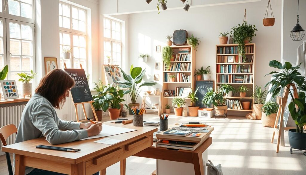 A bright, airy studio space with an abundance of natural light spilling in through large windows. In the foreground, a person sits at a minimalist wooden desk, intently focused on a sketchpad, pencil in hand. The middle ground features a neatly organized array of art supplies - paints, brushes, colored pencils, and a tablet for digital work. In the background, bookshelves filled with volumes on creativity and inspiration, alongside various potted plants and a hanging plant. The atmosphere is serene, yet invigorating, with soft instrumental music playing in the background, creating a harmonious environment conducive to creative flow. A bright, airy studio space with an abundance of natural light spilling in through large windows. In the foreground, a person sits at a minimalist wooden desk, intently focused on a sketchpad, pencil in hand. The middle ground features a neatly organized array of art supplies - paints, brushes, colored pencils, and a tablet for digital work. In the background, bookshelves filled with volumes on creativity and inspiration, alongside various potted plants and a hanging plant. The atmosphere is serene, yet invigorating, with soft instrumental music playing in the background, creating a harmonious environment conducive to creative flow.