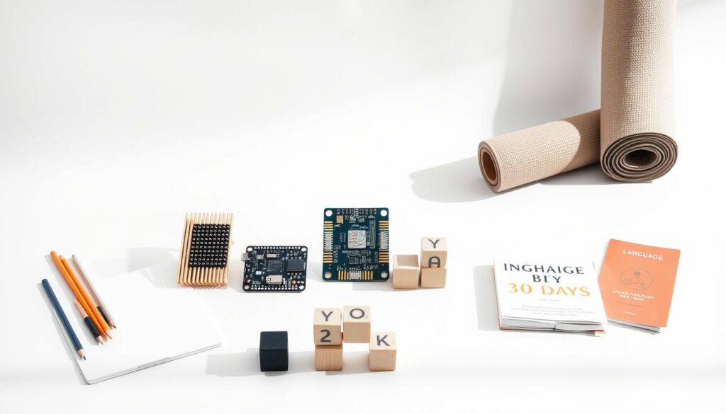 A brightly lit, minimalist studio scene with a clean white background. In the foreground, an arranged display of various everyday objects representing a diverse range of skills that can be learned in 30 days: a sketchpad and pencils for art, a small electronic circuit board for programming, a pair of chopsticks for learning a new cuisine, a yoga mat and blocks for physical fitness, and a language phrasebook for studying a new language. The objects are positioned neatly and purposefully, casting soft shadows that add depth and dimension to the composition. The lighting is soft and diffused, creating a sense of simplicity and focus on the core subject matter. The overall mood is aspirational, encouraging and empowering the viewer to take on a new skill in the near future. A brightly lit, minimalist studio scene with a clean white background. In the foreground, an arranged display of various everyday objects representing a diverse range of skills that can be learned in 30 days: a sketchpad and pencils for art, a small electronic circuit board for programming, a pair of chopsticks for learning a new cuisine, a yoga mat and blocks for physical fitness, and a language phrasebook for studying a new language. The objects are positioned neatly and purposefully, casting soft shadows that add depth and dimension to the composition. The lighting is soft and diffused, creating a sense of simplicity and focus on the core subject matter. The overall mood is aspirational, encouraging and empowering the viewer to take on a new skill in the near future.