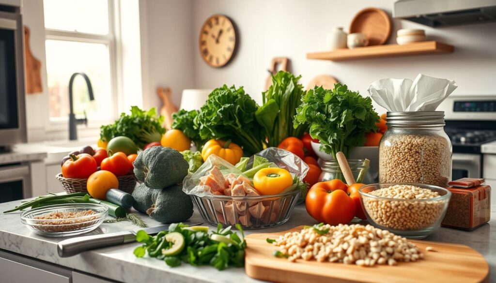 A bustling kitchen counter showcases an array of budget-friendly meal prep essentials. Fresh vegetables, lean proteins, and whole grains are arranged in an organized, visually appealing manner, illuminated by warm, natural lighting streaming in from a nearby window. The scene exudes a sense of efficiency and mindfulness, conveying the notion of a well-planned, cost-conscious meal prep routine. In the foreground, a cutting board with freshly chopped ingredients hints at the preparation process, while the background features simple, minimalist kitchen decor, creating a calming, uncluttered atmosphere. A bustling kitchen counter showcases an array of budget-friendly meal prep essentials. Fresh vegetables, lean proteins, and whole grains are arranged in an organized, visually appealing manner, illuminated by warm, natural lighting streaming in from a nearby window. The scene exudes a sense of efficiency and mindfulness, conveying the notion of a well-planned, cost-conscious meal prep routine. In the foreground, a cutting board with freshly chopped ingredients hints at the preparation process, while the background features simple, minimalist kitchen decor, creating a calming, uncluttered atmosphere.