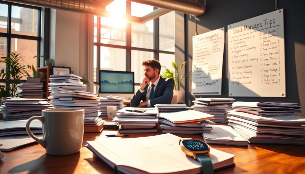 A bustling modern office, sunlight streaming through large windows, casting a warm glow on a cluttered desk. In the foreground, a well-organized planner, a cup of coffee, and a smartwatch displaying a time management app. The middle ground features a person in business attire, deep in thought, surrounded by stacks of documents and a computer monitor displaying a calendar. In the background, a wall-mounted whiteboard showcases a neatly organized to-do list and productivity tips. The scene conveys a sense of balance, efficiency, and a proactive approach to time management. A bustling modern office, sunlight streaming through large windows, casting a warm glow on a cluttered desk. In the foreground, a well-organized planner, a cup of coffee, and a smartwatch displaying a time management app. The middle ground features a person in business attire, deep in thought, surrounded by stacks of documents and a computer monitor displaying a calendar. In the background, a wall-mounted whiteboard showcases a neatly organized to-do list and productivity tips. The scene conveys a sense of balance, efficiency, and a proactive approach to time management.