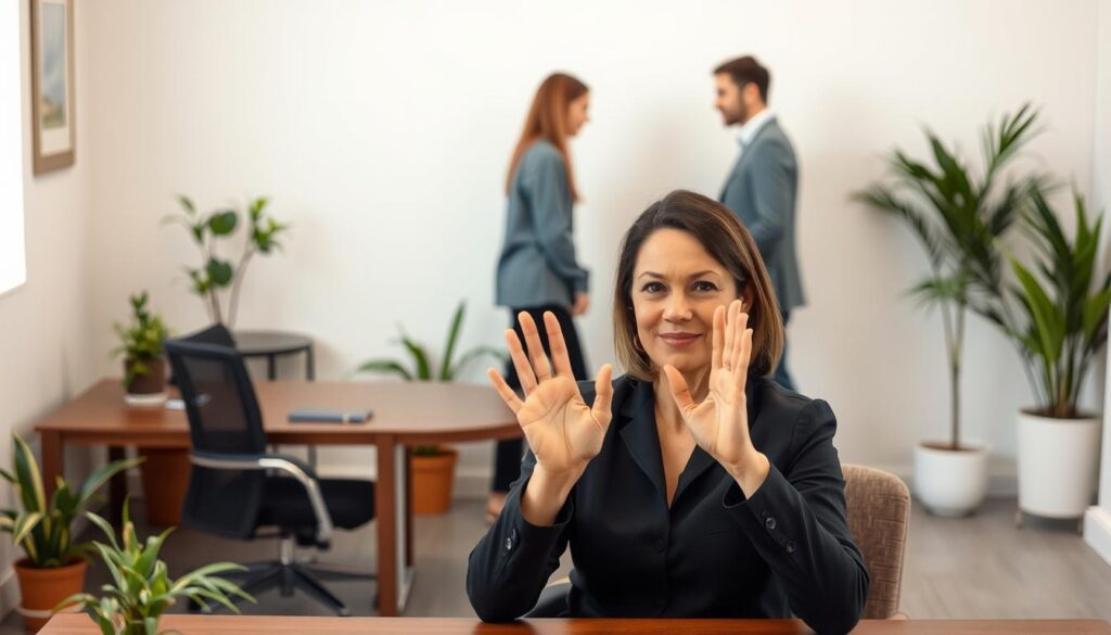 A calm, welcoming office setting with a desk, chair, and plants. In the foreground, a woman sits at the desk, hands raised in a polite but firm gesture, conveying a sense of setting boundaries. Her expression is kind but resolute. The middle ground features two people standing, one leaning forward and the other stepping back, their body language indicating a respectful exchange. The background has soft, natural lighting and neutral-toned walls, creating a professional yet comfortable atmosphere. The overall scene reflects the importance of communicating boundaries in a clear yet compassionate manner.