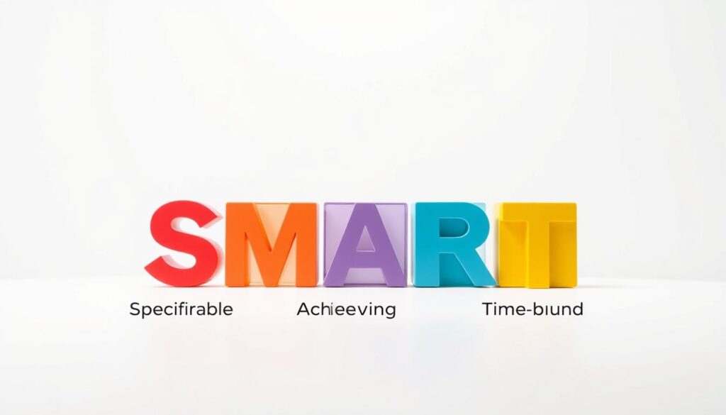 A clear, crisp illustration of the SMART goal setting framework against a clean, minimalist background. In the foreground, the five key elements - Specific, Measurable, Achievable, Relevant, and Time-bound - are displayed as modern, geometric shapes in a vibrant color palette. The middle ground features a subtle grid or graph paper-like pattern, emphasizing the structured, analytical nature of the framework. The background is a serene, soft-focus gradient, allowing the central elements to take the spotlight. The overall mood is professional, polished, and geared towards productivity and personal growth. Lit by soft, directional lighting that casts gentle shadows, lending depth and dimensionality to the composition. A clear, crisp illustration of the SMART goal setting framework against a clean, minimalist background. In the foreground, the five key elements - Specific, Measurable, Achievable, Relevant, and Time-bound - are displayed as modern, geometric shapes in a vibrant color palette. The middle ground features a subtle grid or graph paper-like pattern, emphasizing the structured, analytical nature of the framework. The background is a serene, soft-focus gradient, allowing the central elements to take the spotlight. The overall mood is professional, polished, and geared towards productivity and personal growth. Lit by soft, directional lighting that casts gentle shadows, lending depth and dimensionality to the composition.