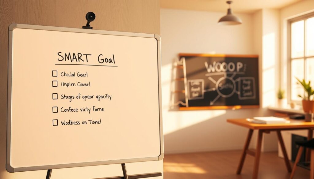 A comparative visual analysis of goal-setting strategies. In the foreground, a succinct SMART goal checklist on a sleek, minimalist whiteboard, illuminated by warm studio lighting. In the middle ground, a thoughtful WOOP process diagram, rendered in a chalkboard-inspired style. The background depicts a serene, sunlit workspace, suggesting a contemplative, methodical approach to personal growth. The overall composition emphasizes the contrasting natures of these two strategic frameworks, inviting the viewer to consider their unique merits and applicability. A comparative visual analysis of goal-setting strategies. In the foreground, a succinct SMART goal checklist on a sleek, minimalist whiteboard, illuminated by warm studio lighting. In the middle ground, a thoughtful WOOP process diagram, rendered in a chalkboard-inspired style. The background depicts a serene, sunlit workspace, suggesting a contemplative, methodical approach to personal growth. The overall composition emphasizes the contrasting natures of these two strategic frameworks, inviting the viewer to consider their unique merits and applicability.
