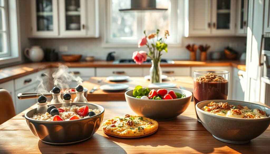 A cozy and inviting kitchen scene, bathed in warm, natural lighting from a large window. In the foreground, an assortment of healthy one-pot breakfast dishes, steaming and fragrant, including a hearty oatmeal with seasonal berries, a savory frittata with fresh herbs, and a colorful smoothie bowl topped with granola. In the middle ground, a wooden table with simple place settings, complemented by a vase of fresh flowers. The background features minimalist white cabinetry and a subway tile backsplash, creating a clean and contemporary atmosphere. The overall mood is one of ease and simplicity, conveying the effortless joy of a nourishing one-pot breakfast. A cozy and inviting kitchen scene, bathed in warm, natural lighting from a large window. In the foreground, an assortment of healthy one-pot breakfast dishes, steaming and fragrant, including a hearty oatmeal with seasonal berries, a savory frittata with fresh herbs, and a colorful smoothie bowl topped with granola. In the middle ground, a wooden table with simple place settings, complemented by a vase of fresh flowers. The background features minimalist white cabinetry and a subway tile backsplash, creating a clean and contemporary atmosphere. The overall mood is one of ease and simplicity, conveying the effortless joy of a nourishing one-pot breakfast.