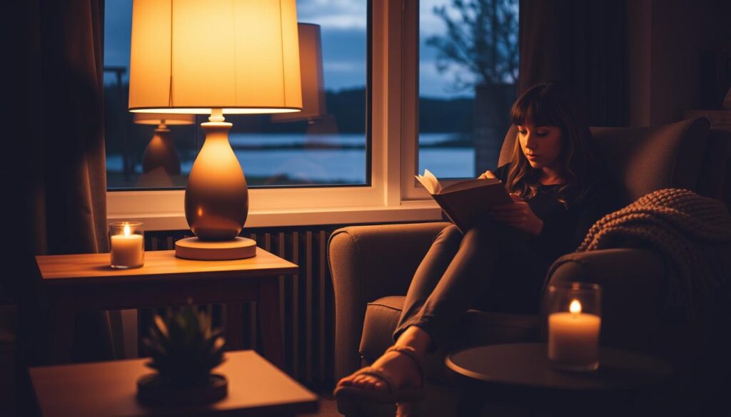 A cozy evening scene unfolds, bathed in the warm glow of a table lamp. In the foreground, a woman sits comfortably in an armchair, sipping a hot beverage and reading a book. Nearby, a plush throw blanket and slippers invite relaxation. In the middle ground, a wooden end table displays a small succulent plant and a candle flickering softly. The background reveals a window overlooking a peaceful, twilit landscape, hinting at the tranquility of the evening. The overall atmosphere exudes a sense of calm, mindfulness, and intentional self-care, setting the stage for a productive and rejuvenating night. A cozy evening scene unfolds, bathed in the warm glow of a table lamp. In the foreground, a woman sits comfortably in an armchair, sipping a hot beverage and reading a book. Nearby, a plush throw blanket and slippers invite relaxation. In the middle ground, a wooden end table displays a small succulent plant and a candle flickering softly. The background reveals a window overlooking a peaceful, twilit landscape, hinting at the tranquility of the evening. The overall atmosphere exudes a sense of calm, mindfulness, and intentional self-care, setting the stage for a productive and rejuvenating night.