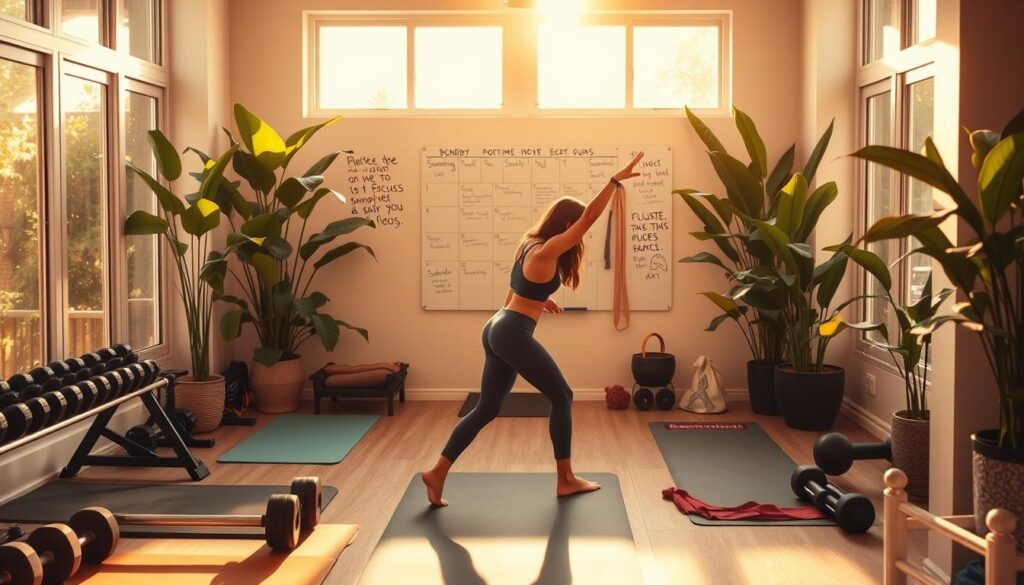 A cozy home gym, bathed in warm golden light filtering through large windows. In the foreground, a person in activewear performs dynamic stretches, their movements fluid and graceful. Surrounding them, an array of free weights, yoga mats, and resistance bands, all neatly arranged. In the middle ground, a wall-mounted whiteboard displays a schedule of exercises, with doodles and inspirational quotes. The background features lush, verdant plants, their leaves casting playful shadows, evoking a sense of tranquility and focus. The overall atmosphere is one of balance, creativity, and a harmonious blend of physical and mental well-being. A cozy home gym, bathed in warm golden light filtering through large windows. In the foreground, a person in activewear performs dynamic stretches, their movements fluid and graceful. Surrounding them, an array of free weights, yoga mats, and resistance bands, all neatly arranged. In the middle ground, a wall-mounted whiteboard displays a schedule of exercises, with doodles and inspirational quotes. The background features lush, verdant plants, their leaves casting playful shadows, evoking a sense of tranquility and focus. The overall atmosphere is one of balance, creativity, and a harmonious blend of physical and mental well-being.