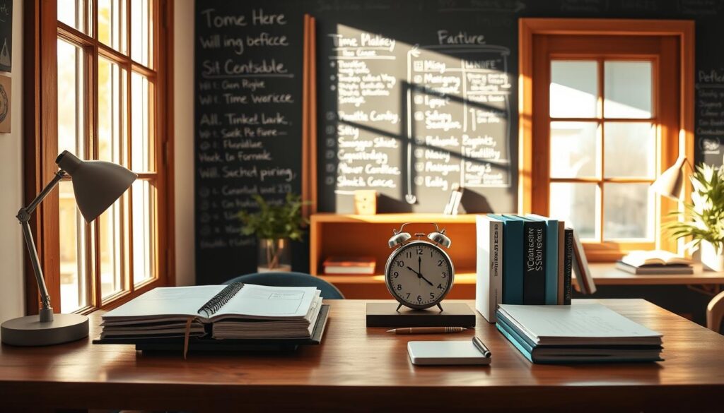 A cozy home office scene, bathed in warm, natural lighting from a large window. On the wooden desk, various time management tools are neatly arranged: a sleek planner, a stylish analog clock, a minimalist desk organizer, and a few inspiring books. The background features a chalkboard wall with handwritten reminders and schedules, conveying a sense of organized productivity. The overall atmosphere is one of focus, efficiency, and a well-crafted work-life balance.