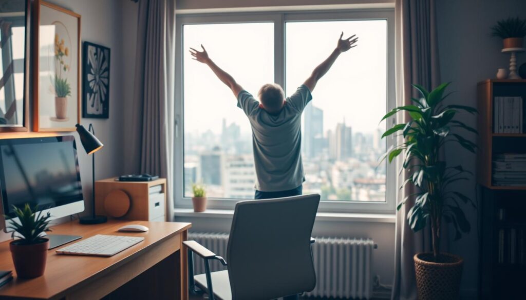 A cozy home office with a desk, chair, and potted plant in the foreground. In the middle ground, a person taking a break, stretching their arms and gazing out the window at a scenic city skyline. The background is filled with warm, diffused light, creating a relaxing and productive atmosphere. The scene conveys a sense of balance between focused work and well-deserved respite, reflecting the importance of breaks in maintaining productivity and well-being.