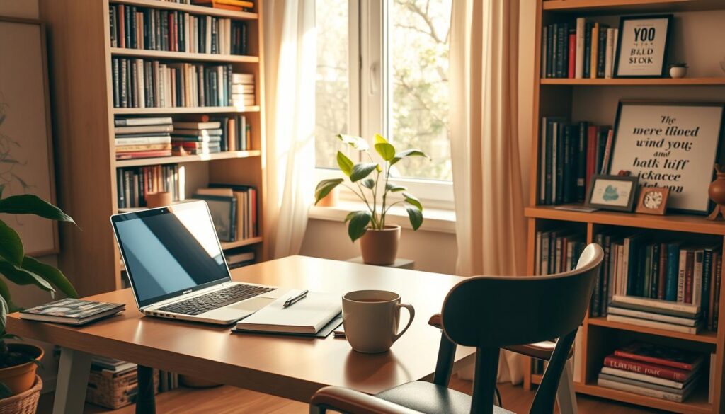 A cozy home office with a desk, chair, and shelves filled with books. Warm, natural lighting filters in through a window, casting a gentle glow. On the desk, a laptop, a mug of hot tea, and a few productivity tools like a planner, sticky notes, and a pen holder. In the background, a plant and a framed piece of art or inspirational quote add personal touches. The atmosphere is focused, inviting, and conducive to deep work, reflecting the importance of work-life balance for the productive author. A cozy home office with a desk, chair, and shelves filled with books. Warm, natural lighting filters in through a window, casting a gentle glow. On the desk, a laptop, a mug of hot tea, and a few productivity tools like a planner, sticky notes, and a pen holder. In the background, a plant and a framed piece of art or inspirational quote add personal touches. The atmosphere is focused, inviting, and conducive to deep work, reflecting the importance of work-life balance for the productive author.